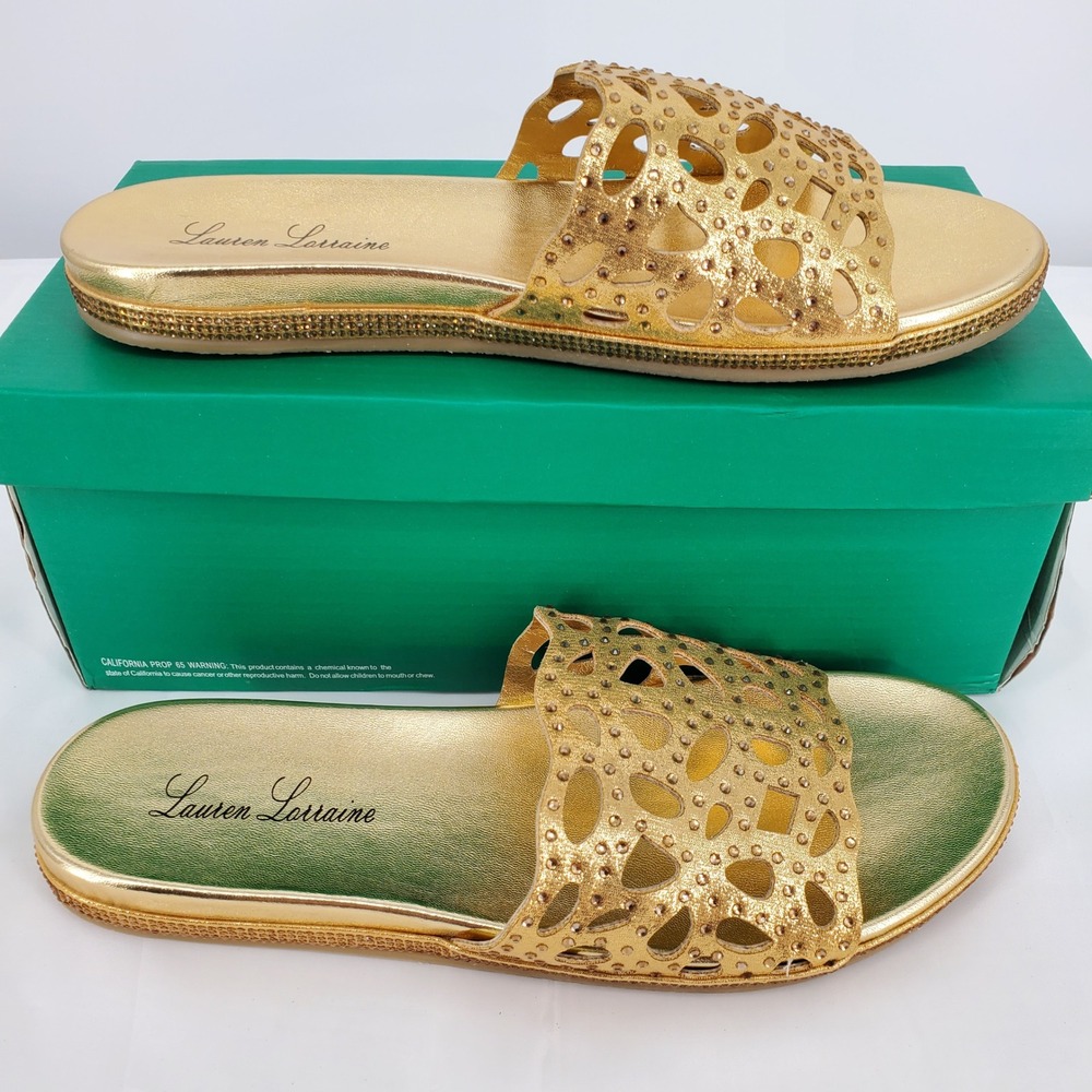 Lauren Lorraine‎ Byanka Gold Rhinestone Slide Sandals Womens 9